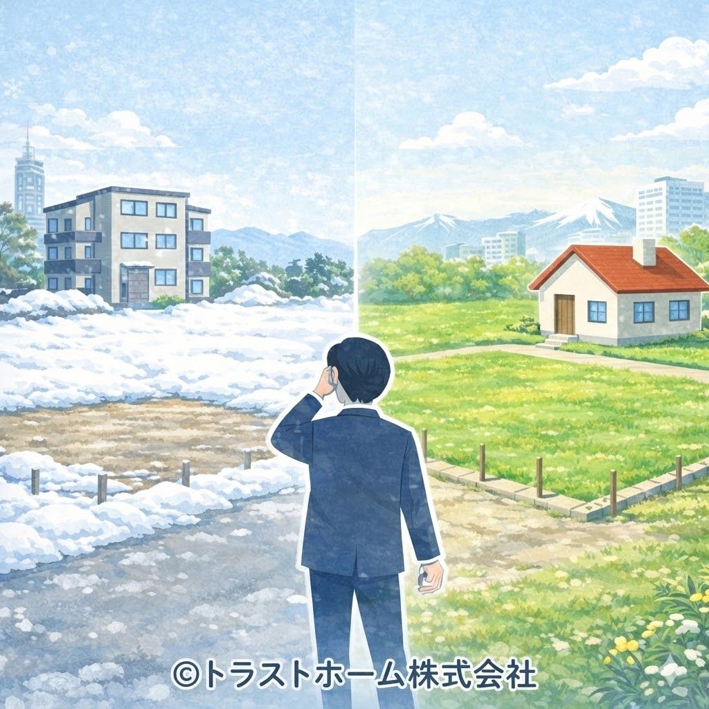 札幌で雪が残る状態と雪解け後の住宅を比較したイラスト