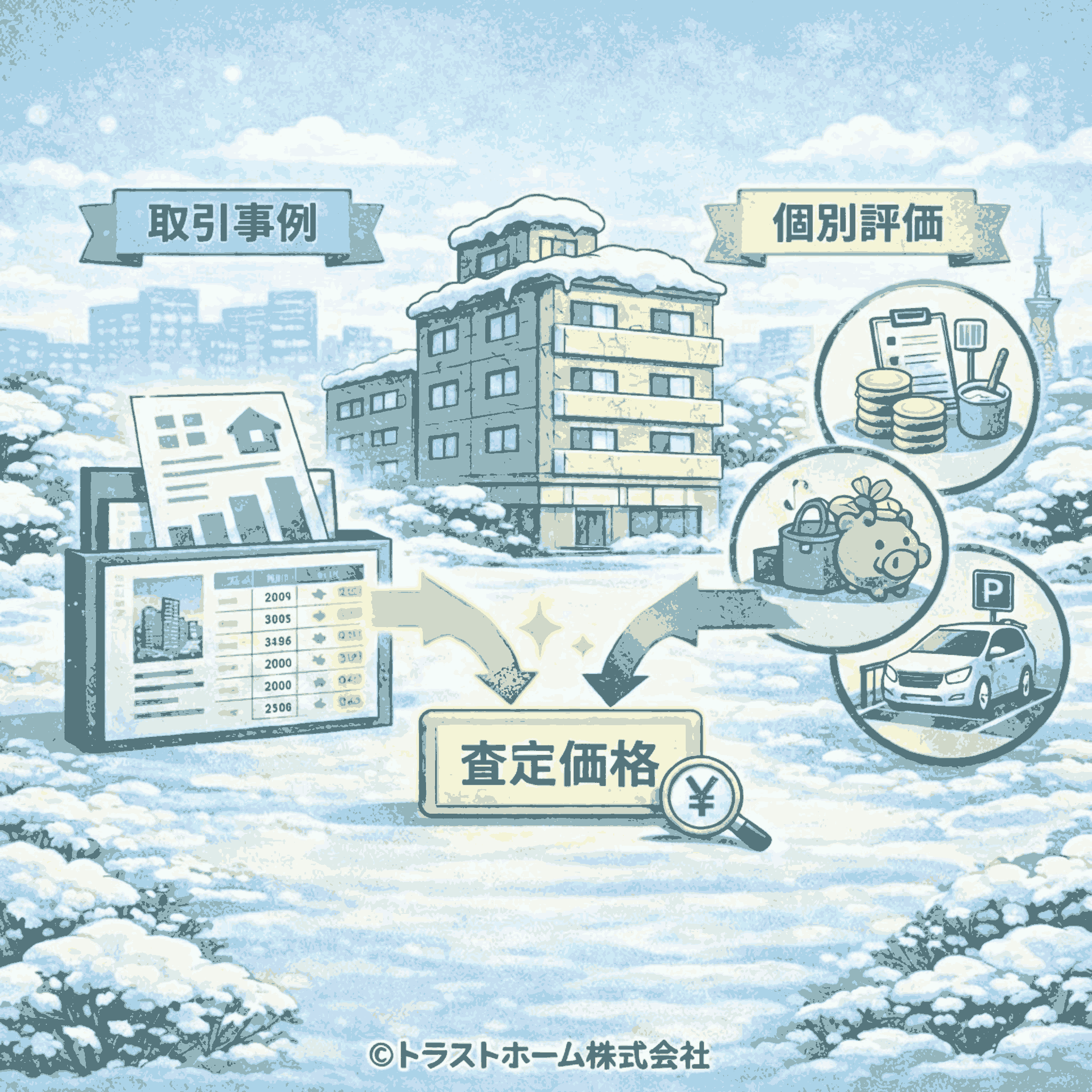 札幌の中古マンション査定が、取引事例と管理状態や駐車場などの個別評価を組み合わせて決まることを示した図解イメージ
