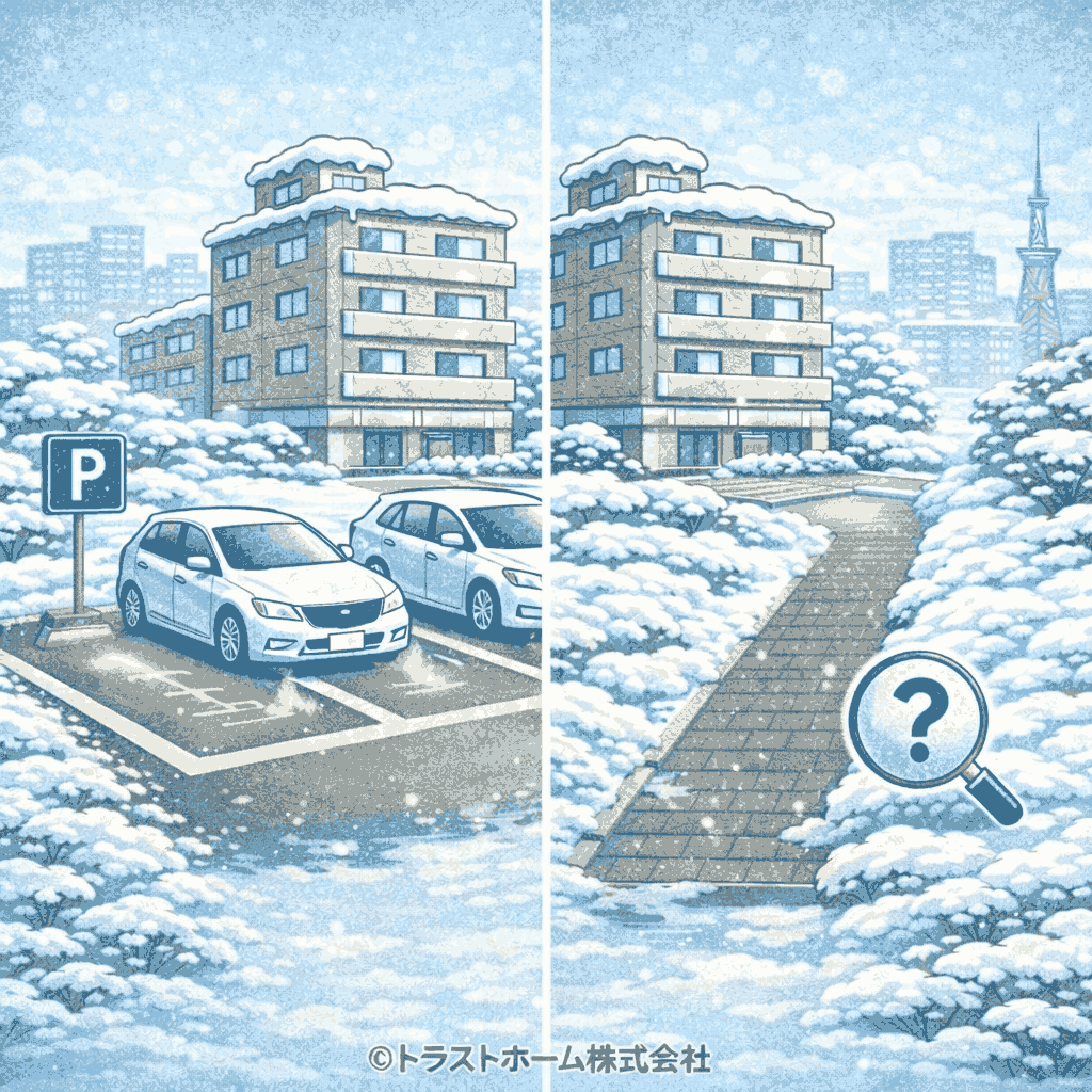 札幌の中古マンションで、駐車場の有無や冬季の除雪状況によって評価が変わることを示したイメージ
