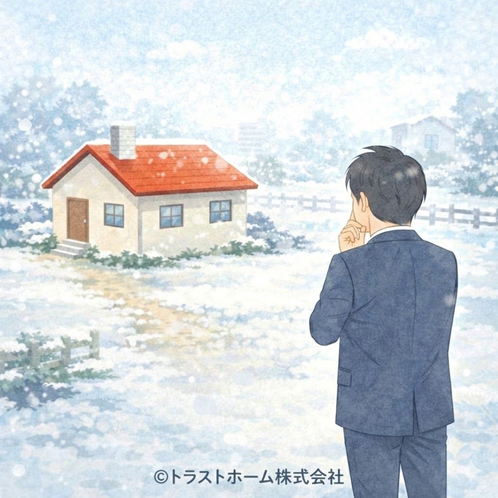 雪が残る札幌の戸建てと売却を迷う人物のイメージ
